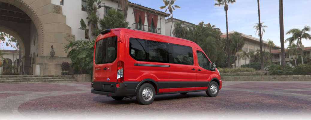 A rear 3/4 external view of the 2025 Ford Transit van.