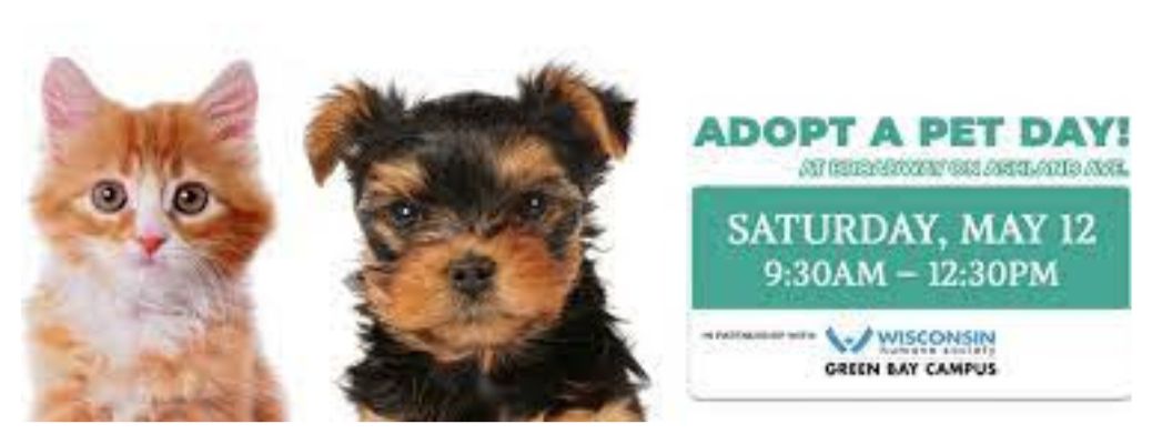 adopt a pet day at broadway automotive banner with puppy and kitten and date and time information