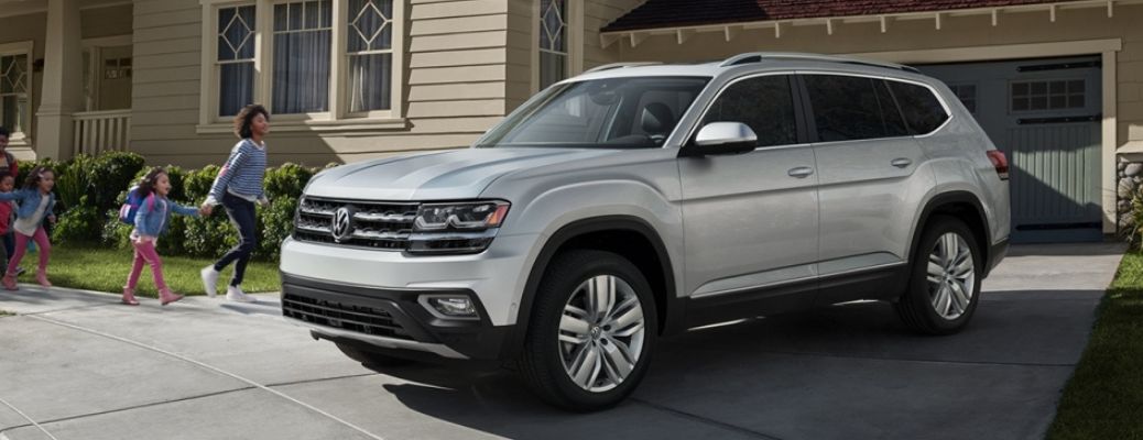 front and side view of silver 2019 volkswagen atlas