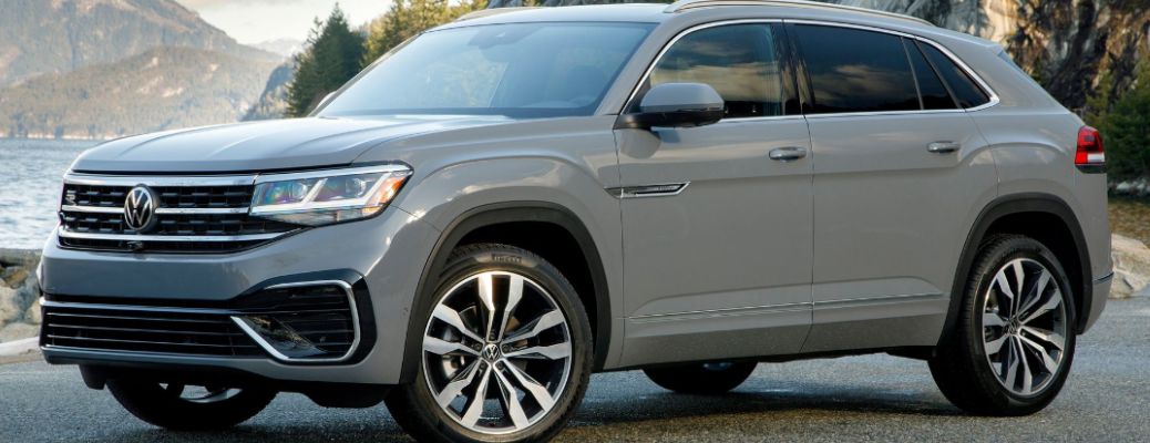 Front driver angle of a grey 2021 Volkswagen Atlas Cross Sport