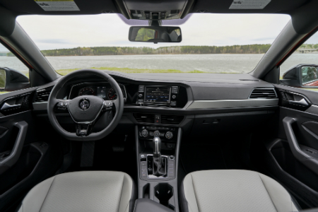 front interior of the 2019 volkswagen jetta including steering wheel and infotainment system