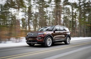 2020 Ford Explorer red on the road