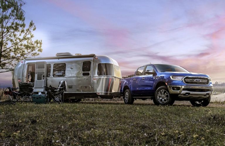 Front view of the 2023 Ford Ranger towing a trailer
