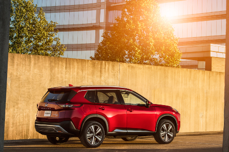 Red 2021 Nissan Rogue Parked by Fence in Sunset