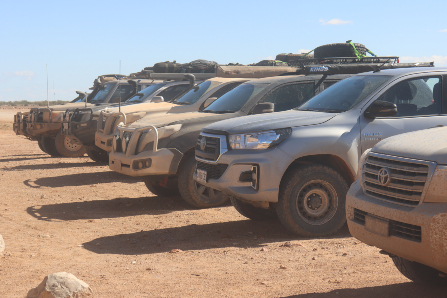 Line of off-road vehicles parked in desert