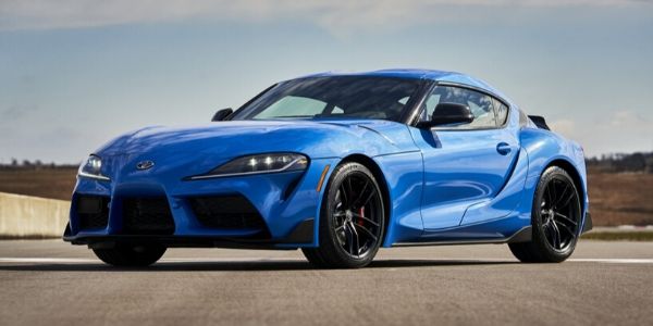 Blue 2021 Toyota GR Supra Front Exterior on a Track