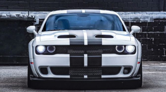 Front profile of a 2022 Dodge Challenger on a road