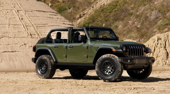 Side view of a green 2022 Jeep Wrangler