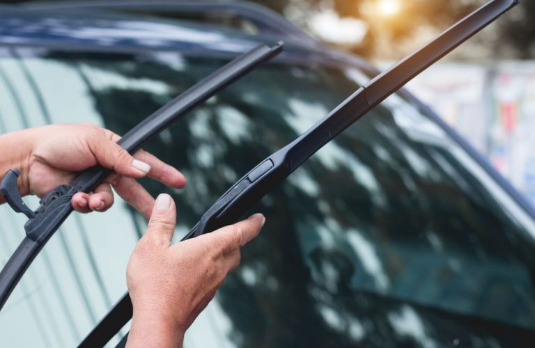 A person holding windshield wipers of a car