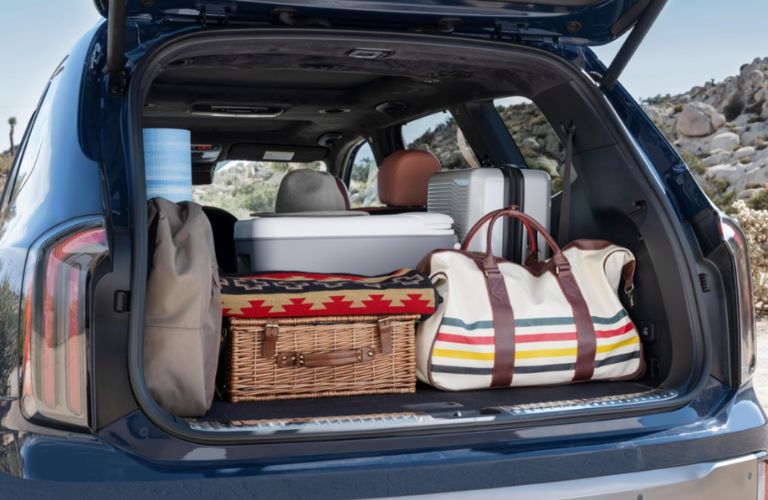 The trunk of a 2024 Kia Telluride packed with cargo