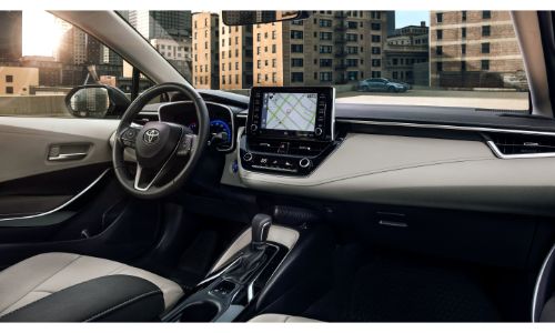 2020 Toyota Corolla interior shot of dashboard steering wheel and infotainment screen