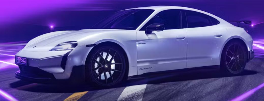 Front-quarter view of the 2025 Porsche Taycan White