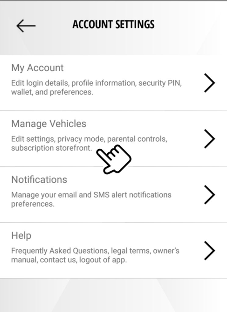 Mitsubishi Connect App Account Settings Page